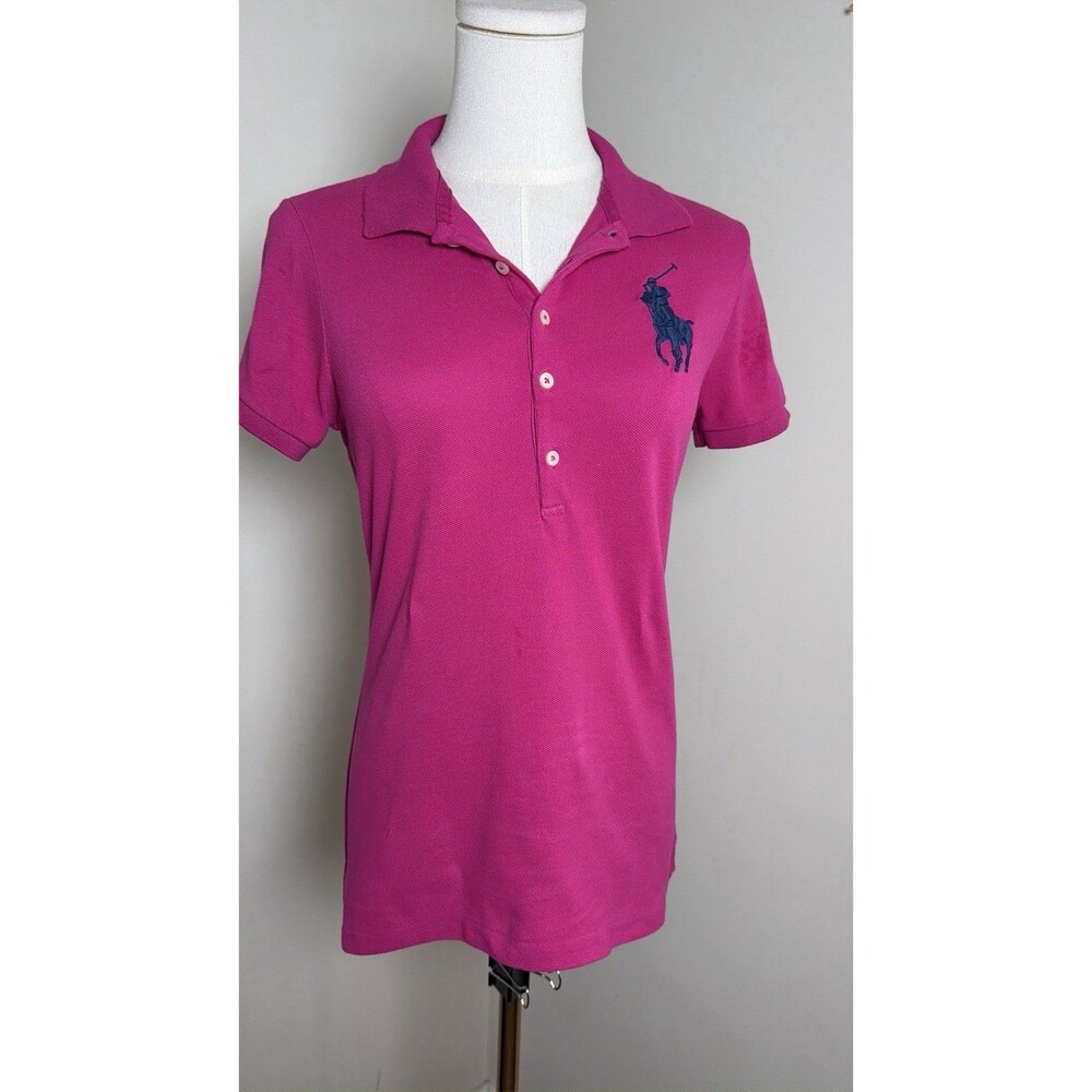 Vintage Y2K Ralph Lauren Skinny Polo Womens S XS Pink Big Pony Preppy Shirt